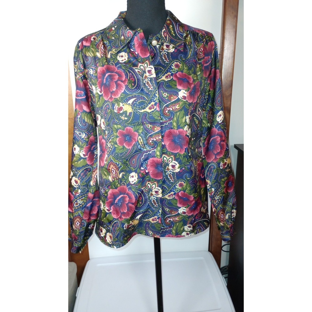 Vintage Cape Cod Floral Paisley Blouse Pearl Gold Buttons Multicolor Small XS